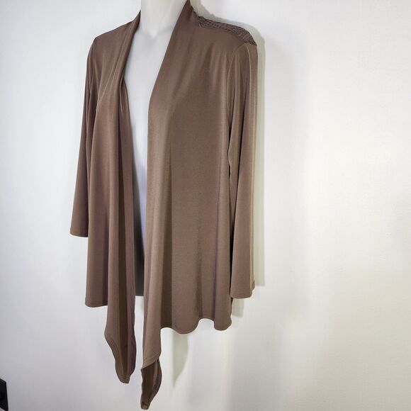Chicos Easywear Cardigan Size 0 Small Brown Open Front Draped Lace Semi Sheer - Picture 6 of 11